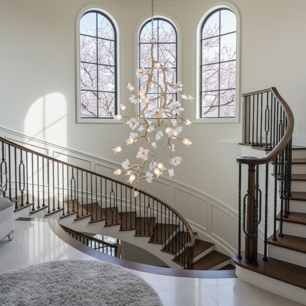 Churippu Chandelier - Grand 21-Light Brass & Ceramic Floral Statement Piece