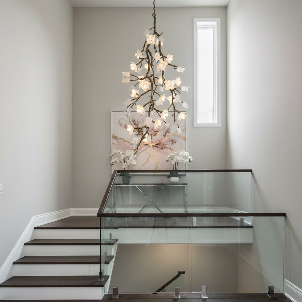 Churippu Chandelier - Grand 21-Light Brass & Ceramic Floral Statement Piece