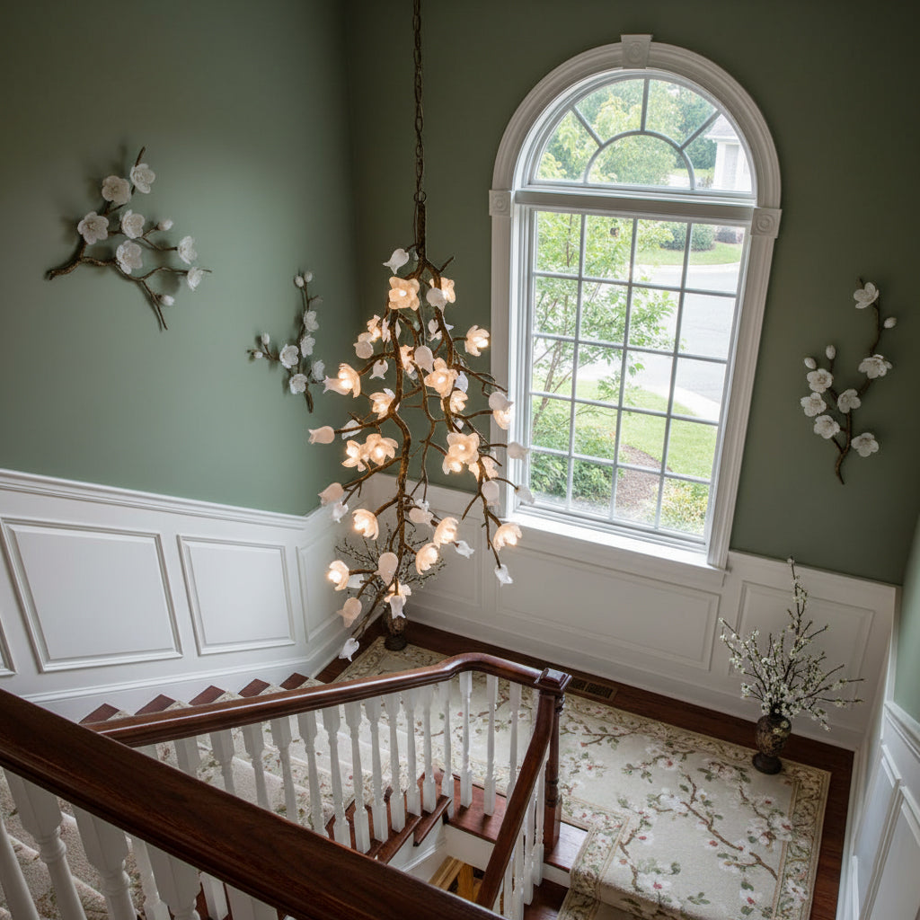 Churippu Chandelier - Grand 21-Light Brass & Ceramic Floral Statement Piece