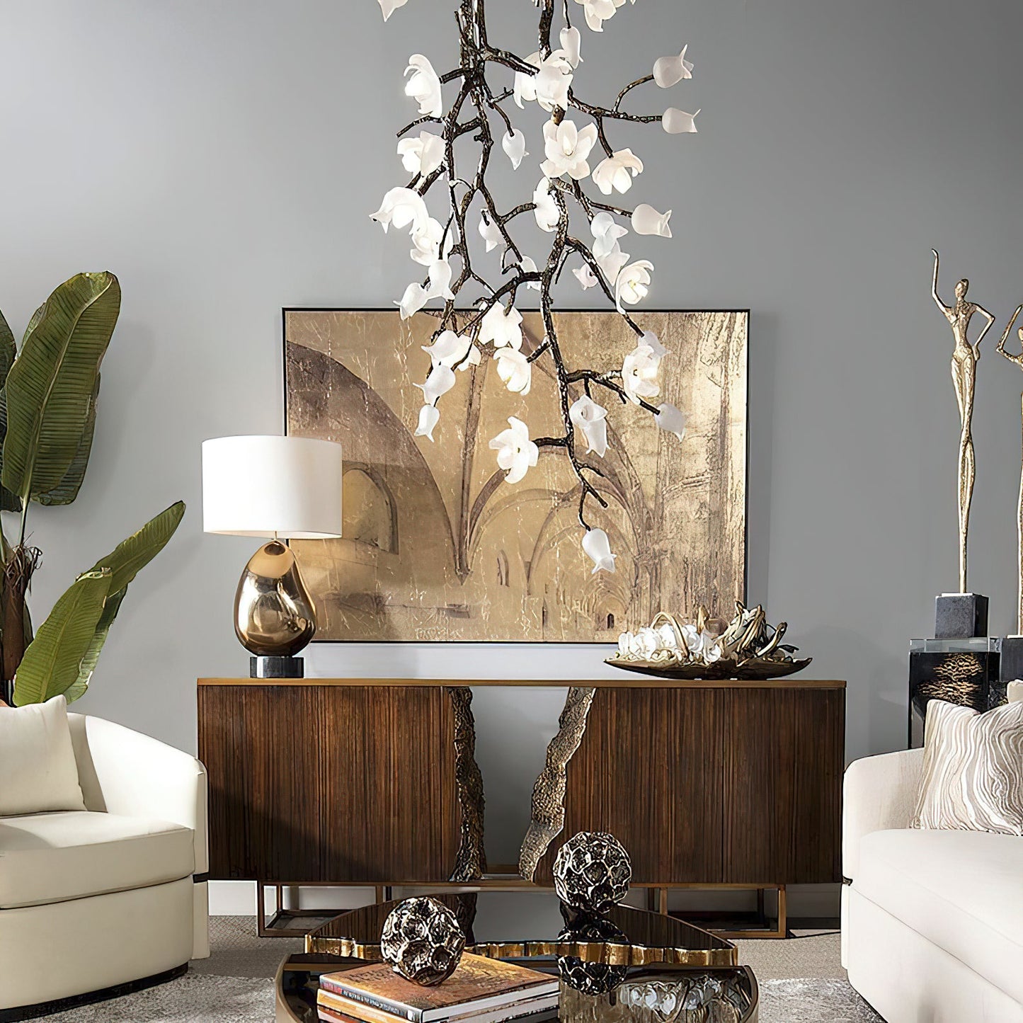 Churippu Chandelier - Grand 21-Light Brass & Ceramic Floral Statement Piece