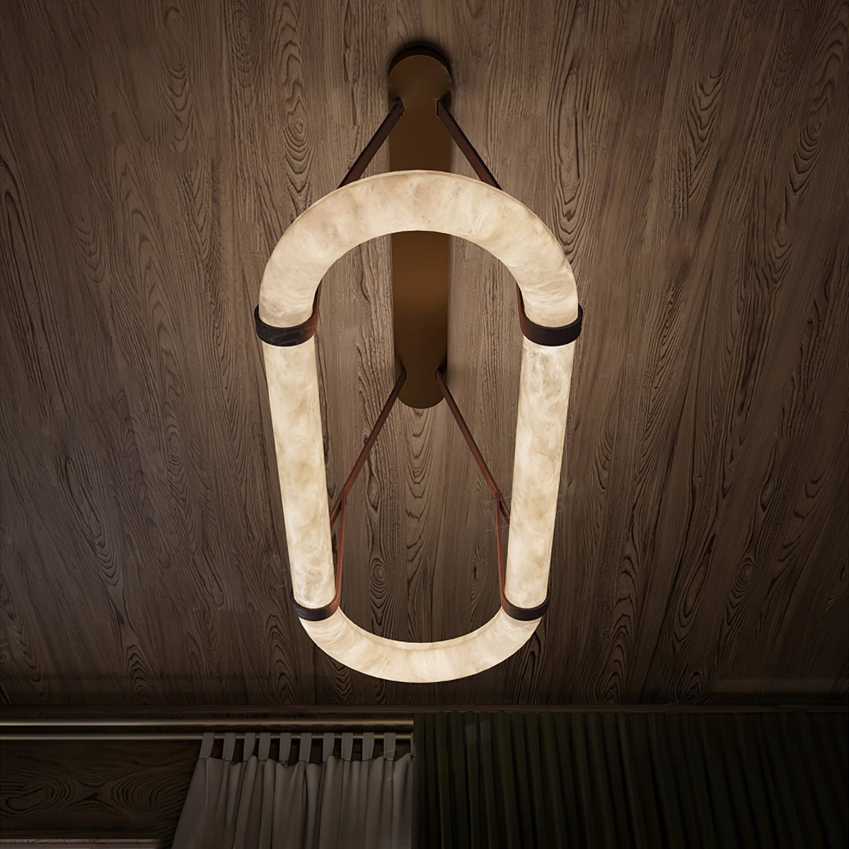 Circle Alabaster Chandelier – Natural Stone & Leather Suspension Light