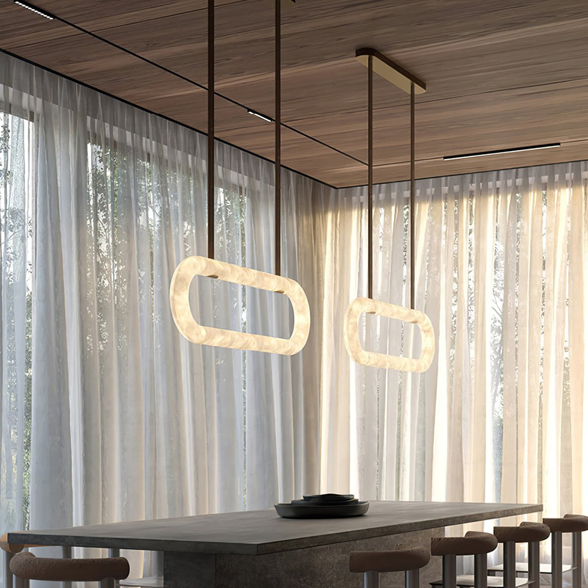 Circle Alabaster Chandelier – Natural Stone & Leather Suspension Light