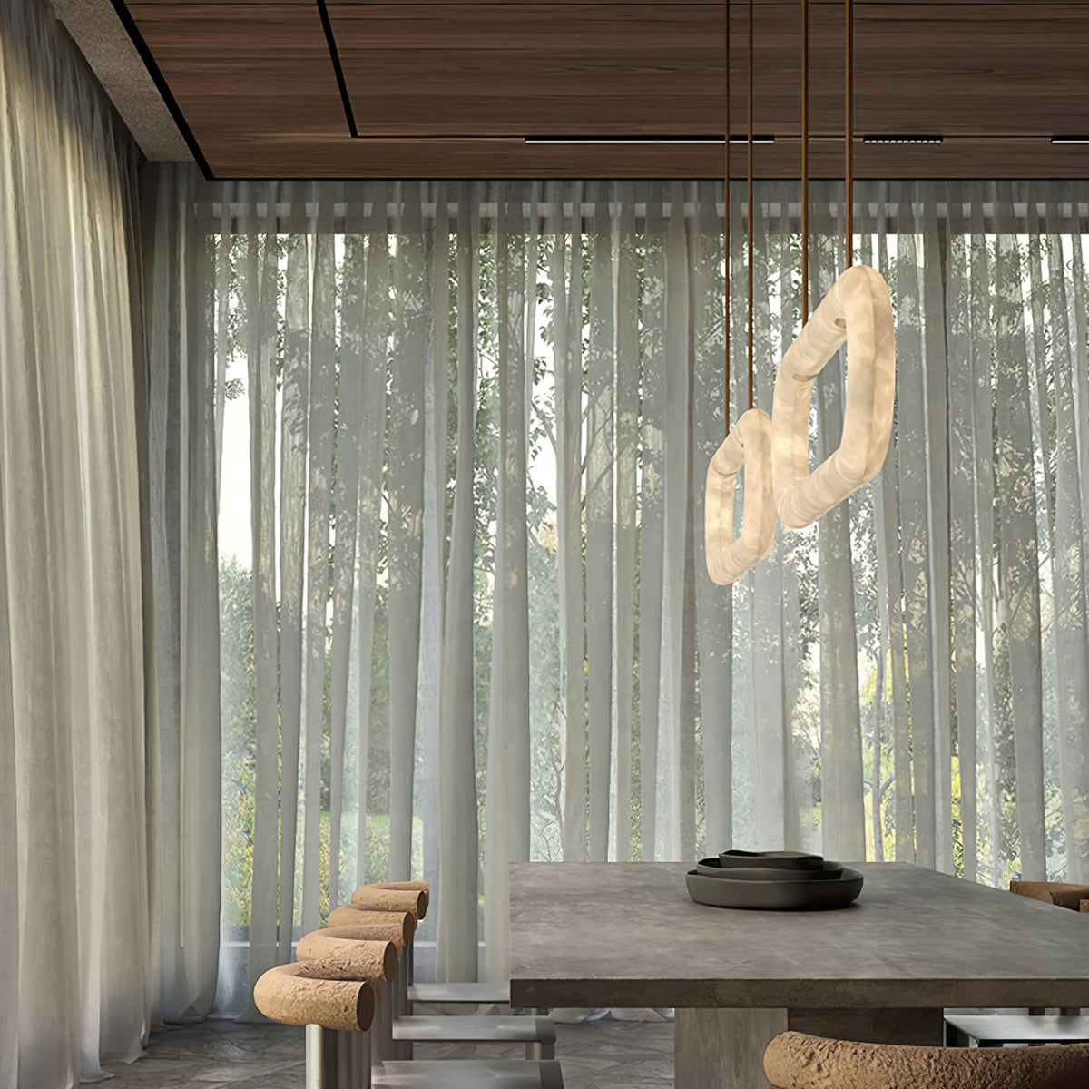 Circle Alabaster Chandelier – Natural Stone & Leather Suspension Light