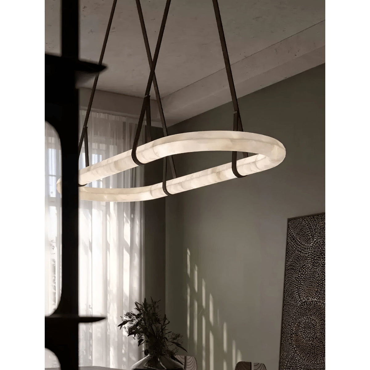 Circle Alabaster Chandelier – Natural Stone & Leather Suspension Light