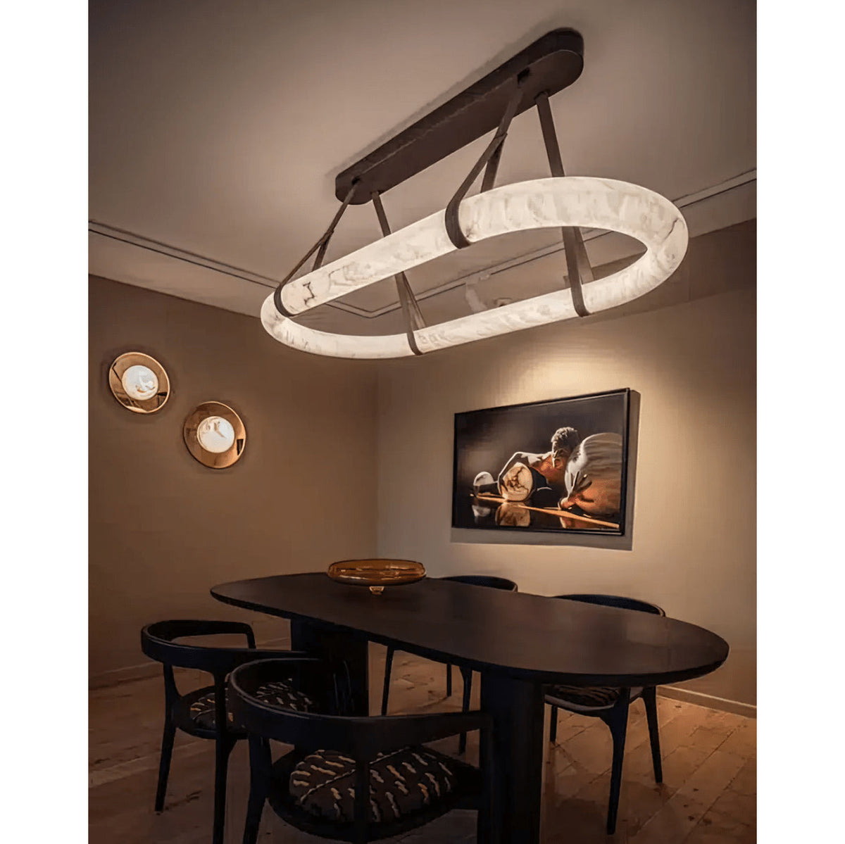 Circle Alabaster Chandelier – Natural Stone & Leather Suspension Light