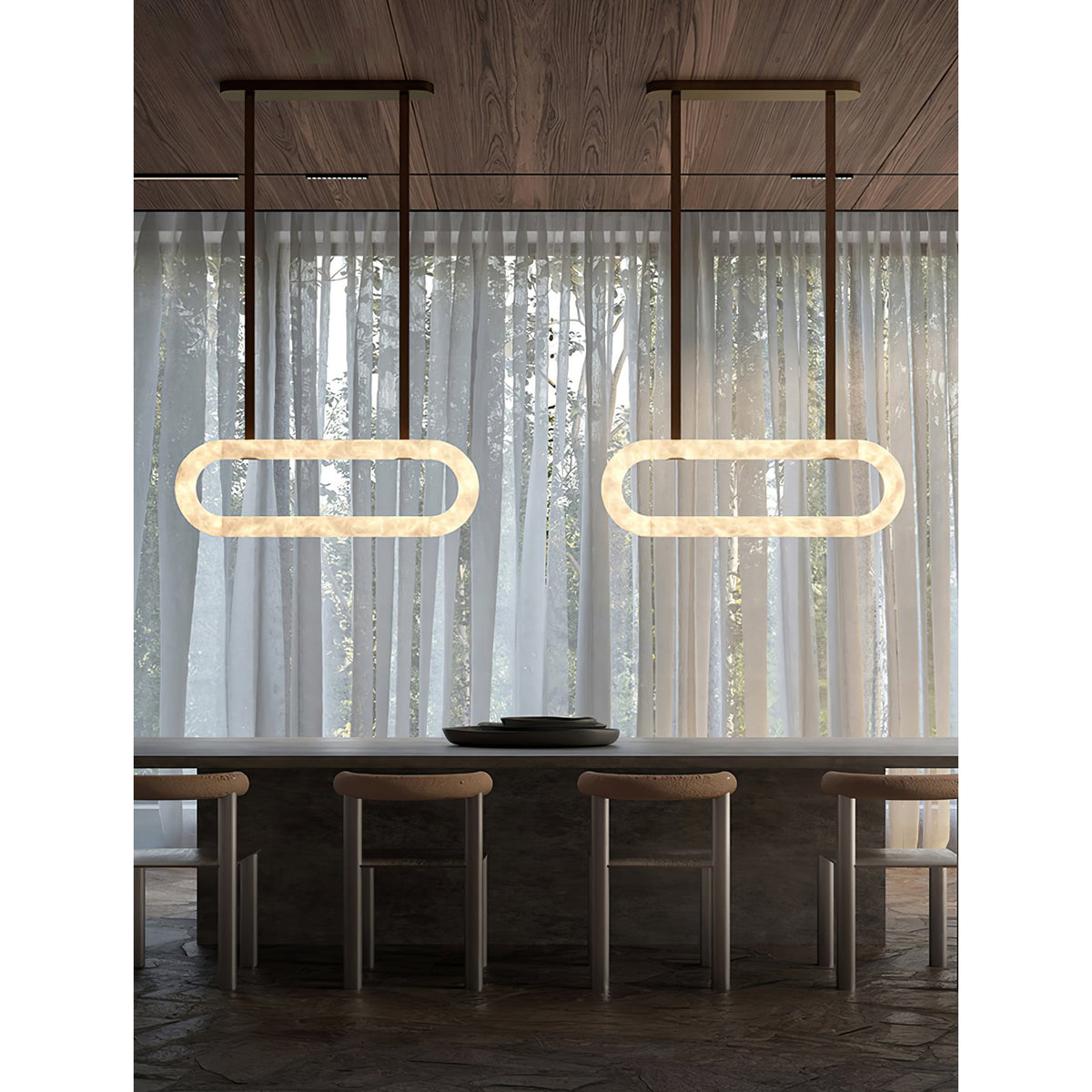 Circle Alabaster Chandelier – Natural Stone & Leather Suspension Light