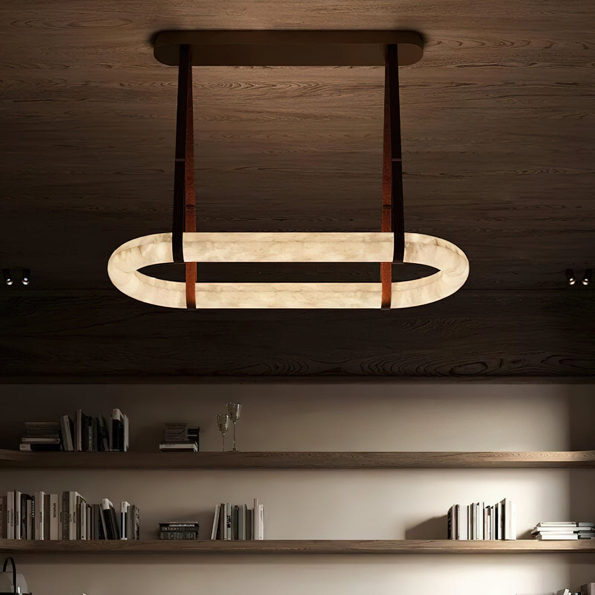 Circle Alabaster Chandelier – Natural Stone & Leather Suspension Light
