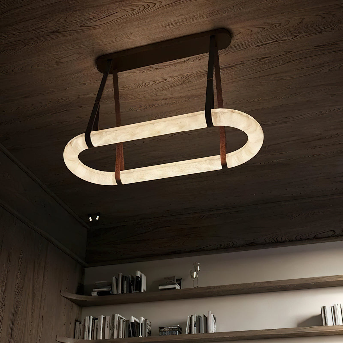 Circle Alabaster Chandelier – Natural Stone & Leather Suspension Light