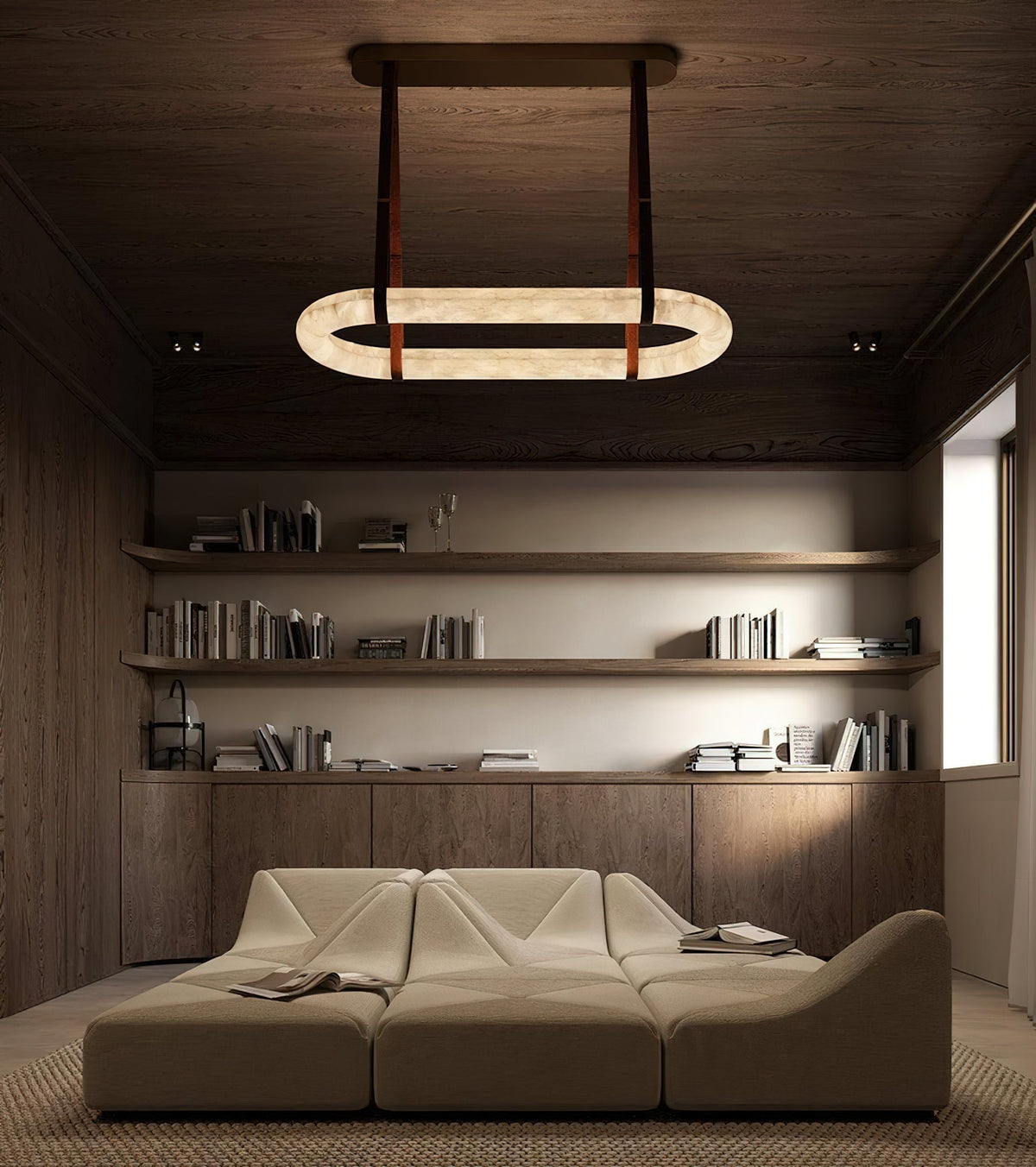 Circle Alabaster Chandelier – Natural Stone & Leather Suspension Light
