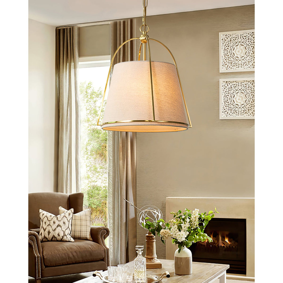Clarke Pendant Lamp – Brass & Fabric Shade 4-Light Pendant