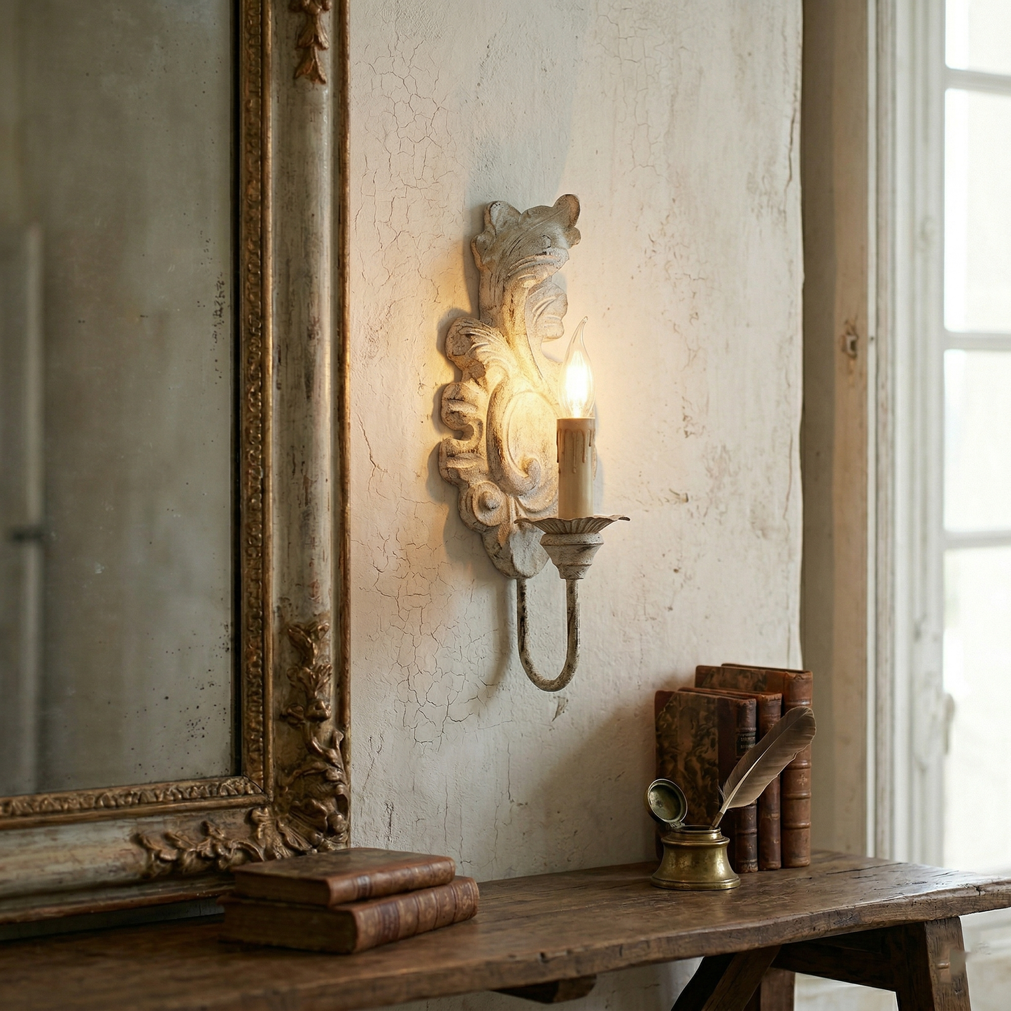 Verdure Vintage Sconce - Carved Resin & Metal Candle Arm Wall Light | French Country Candelabra Accent