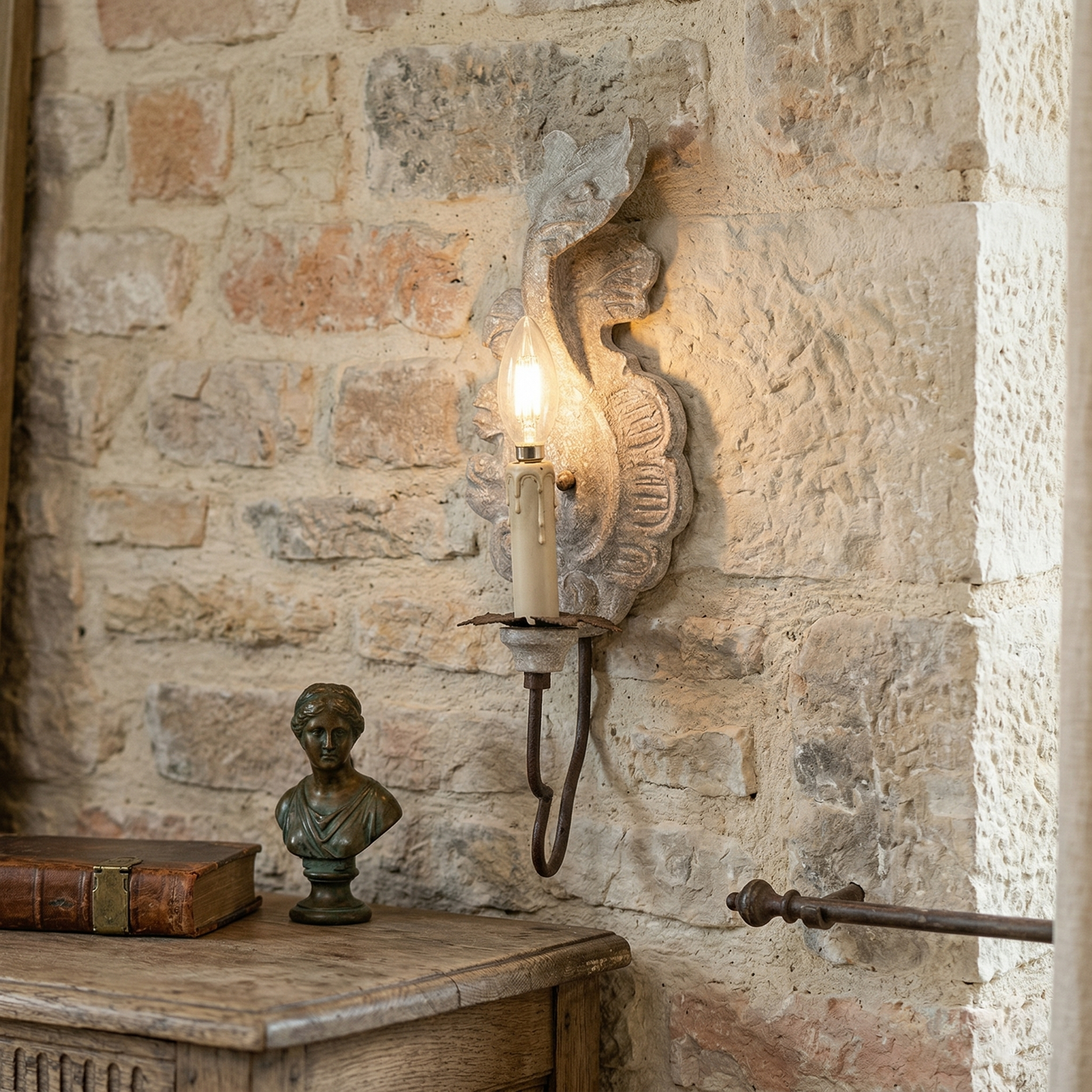 Verdure Vintage Sconce - Carved Resin & Metal Candle Arm Wall Light | French Country Candelabra Accent