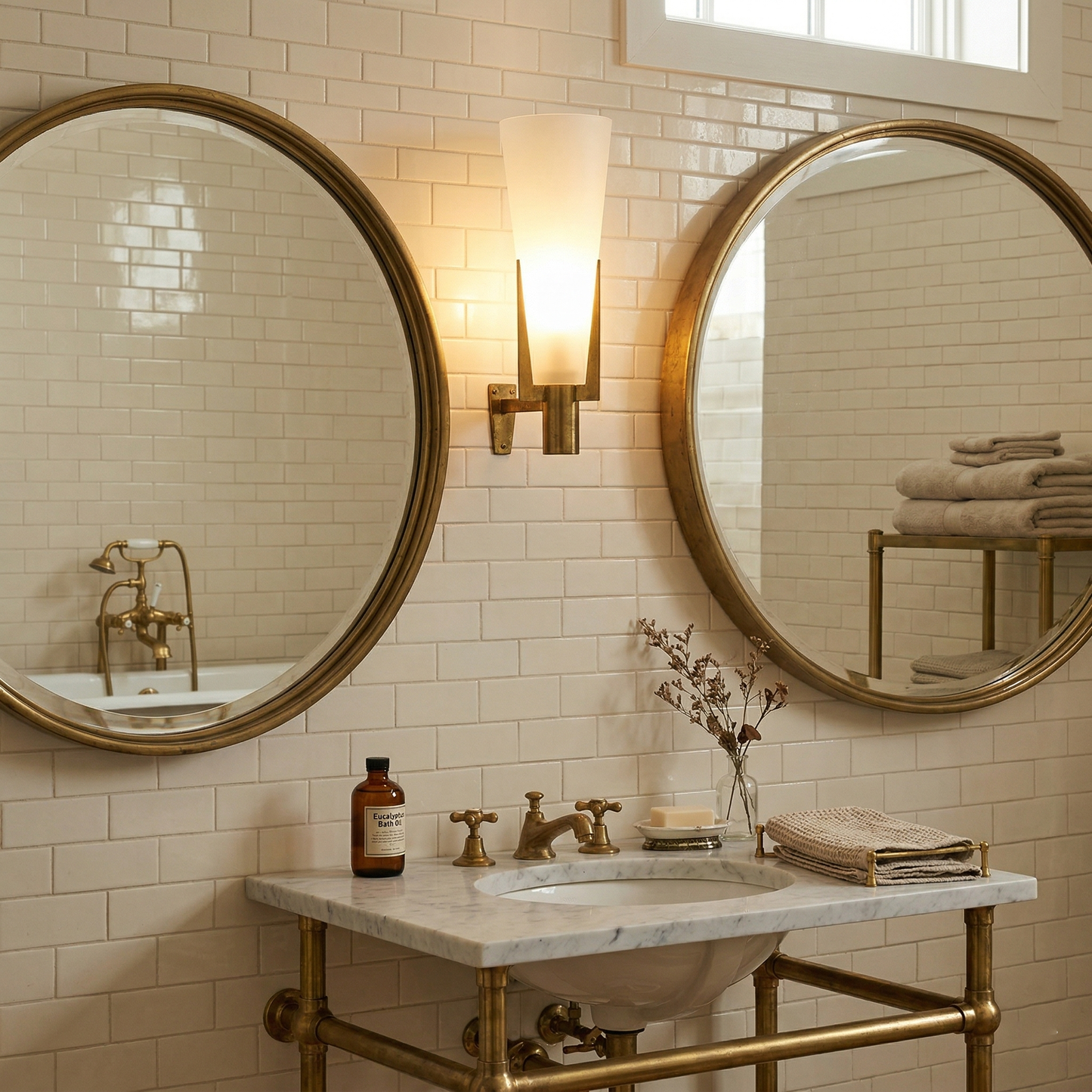 Stilnovo Wall Lamp - Antique Brass Trident Sconce | Opaque Glass Globe Wall Light