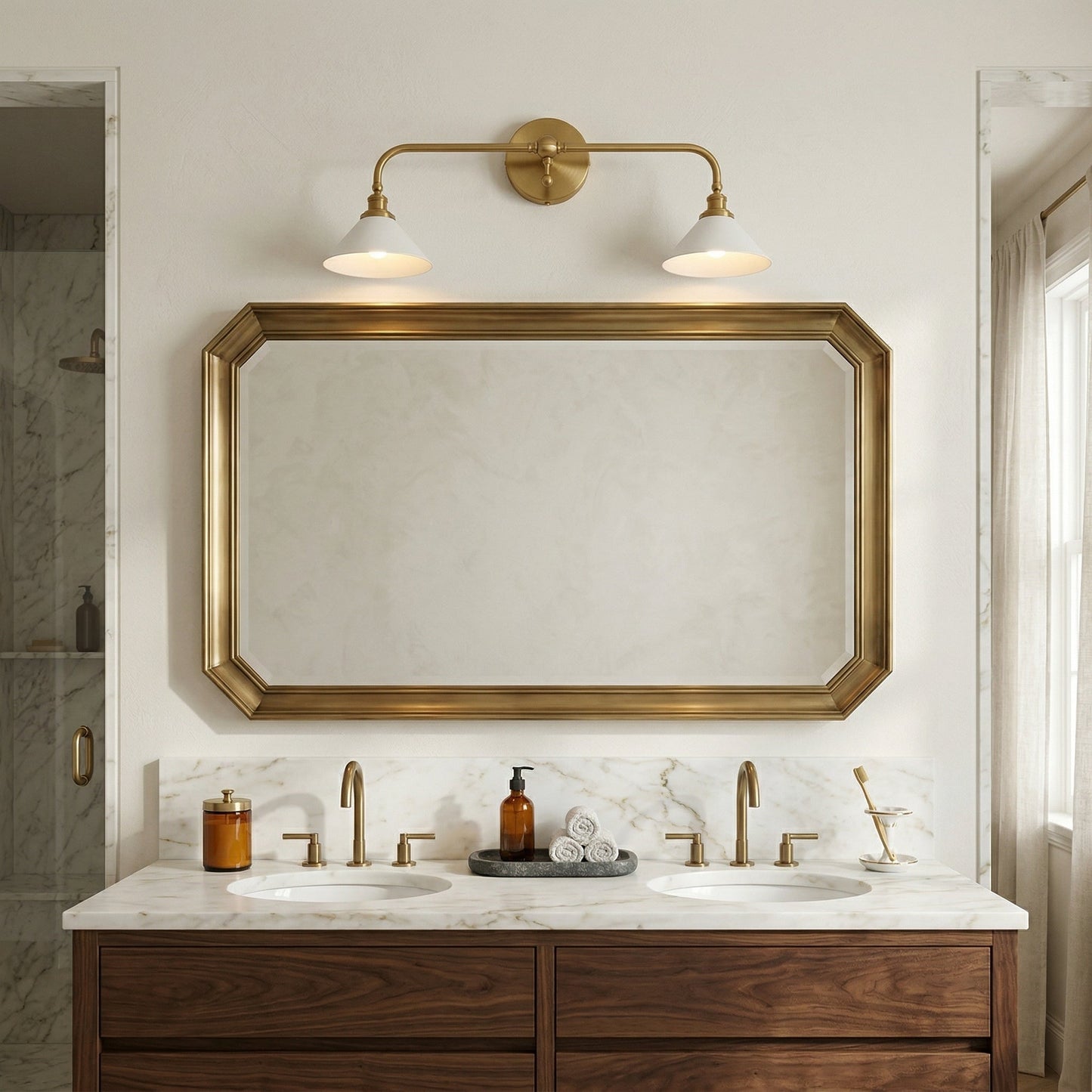 Thetford Wall Sconce - Classic Tapered Shade Brass Wall Light | Single & Dual Head Vanity Sconce