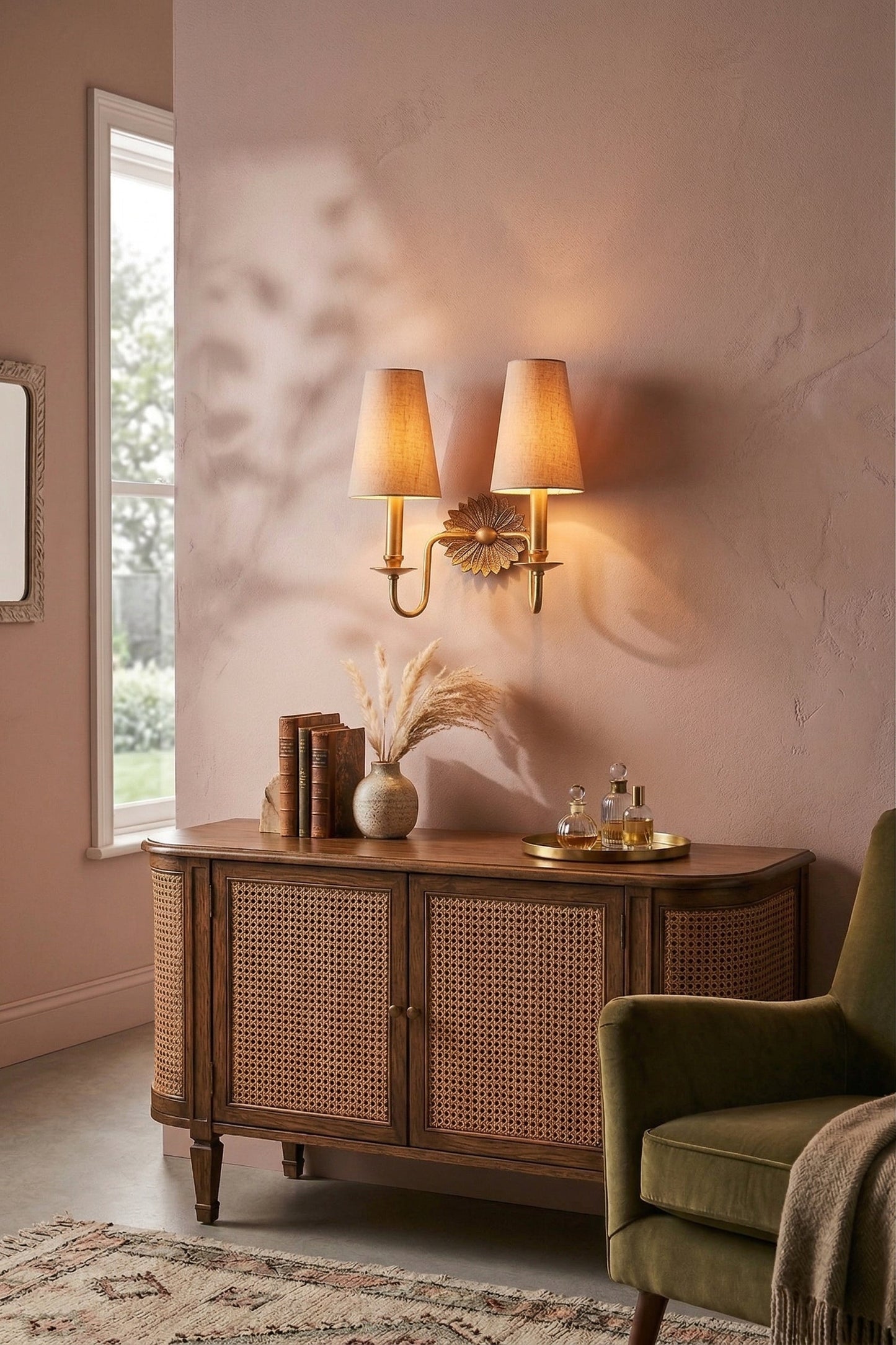 Demeter Double Sconce - Classic Antique Brass 2-Light Wall Sconce with Linen Shades