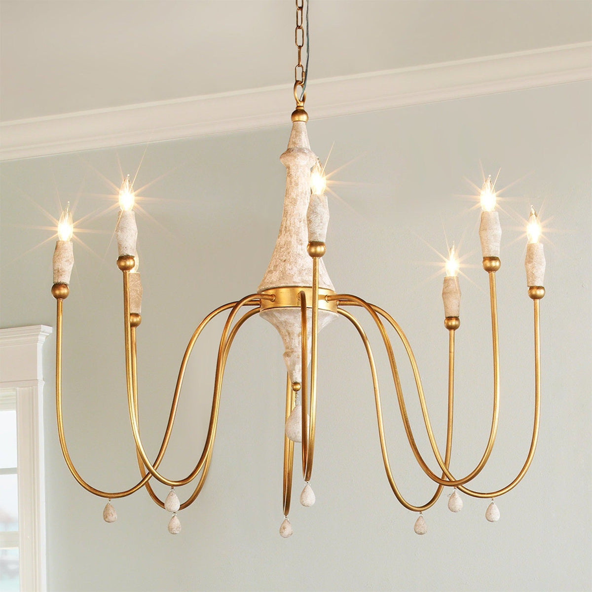 Clay Chandelier – Transitional Turned Wood & Gold Candle Chandelier
