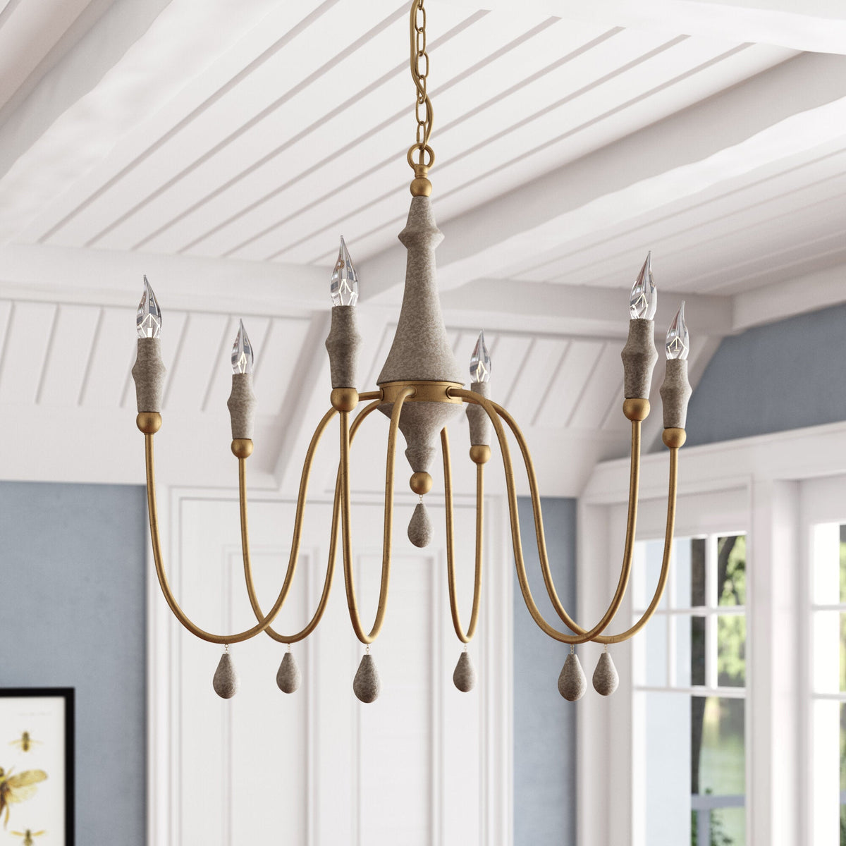 Clay Chandelier – Transitional Turned Wood & Gold Candle Chandelier