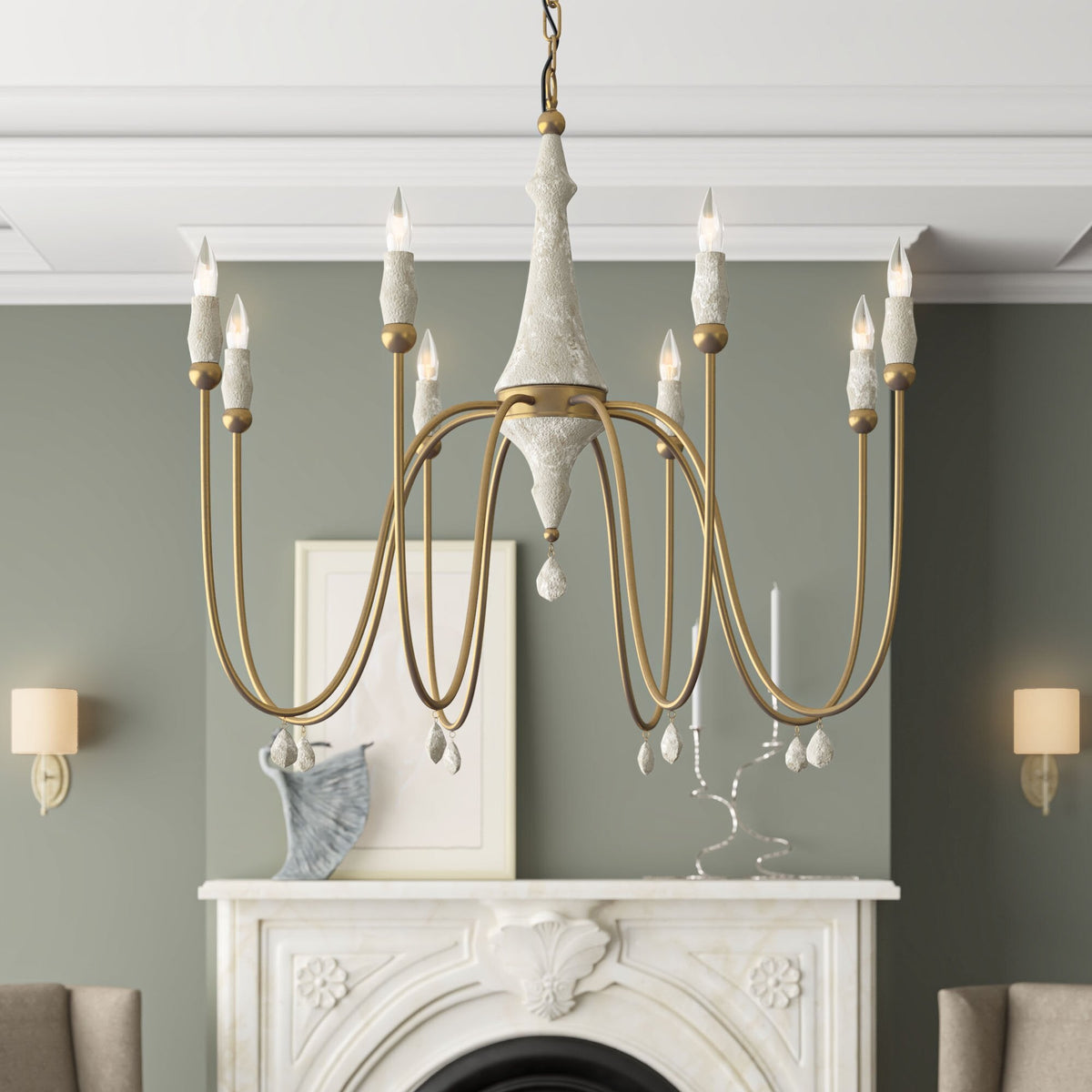 Clay Chandelier – Transitional Turned Wood & Gold Candle Chandelier