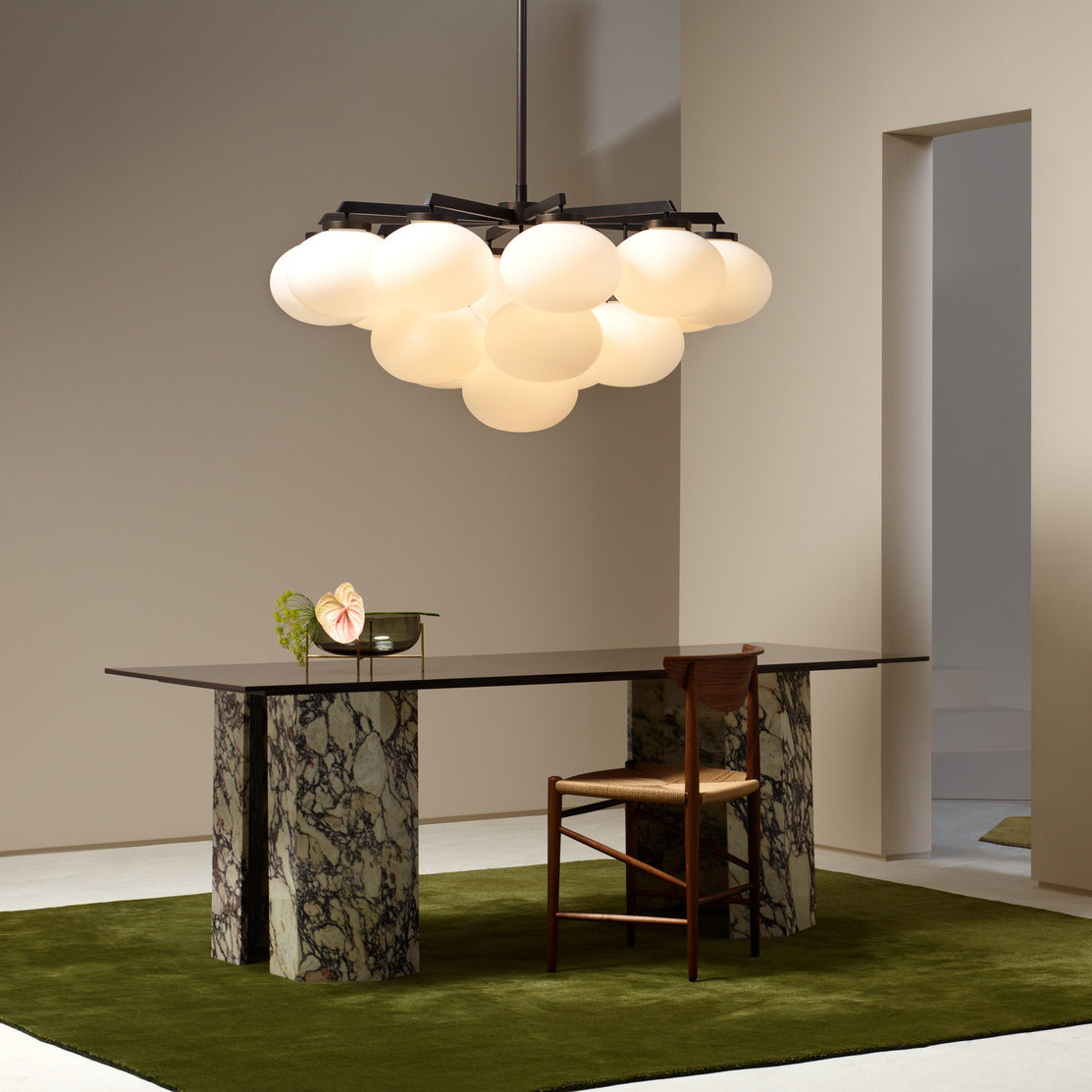 Cloudesley Chandelier – Machined Brass & Tiered White Glass Chandelier