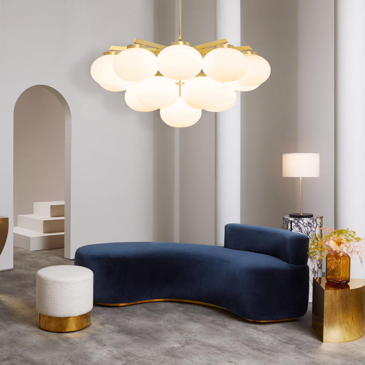 Cloudesley Chandelier – Machined Brass & Tiered White Glass Chandelier