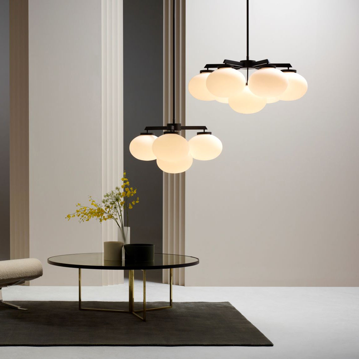 Cloudesley Chandelier – Machined Brass & Tiered White Glass Chandelier