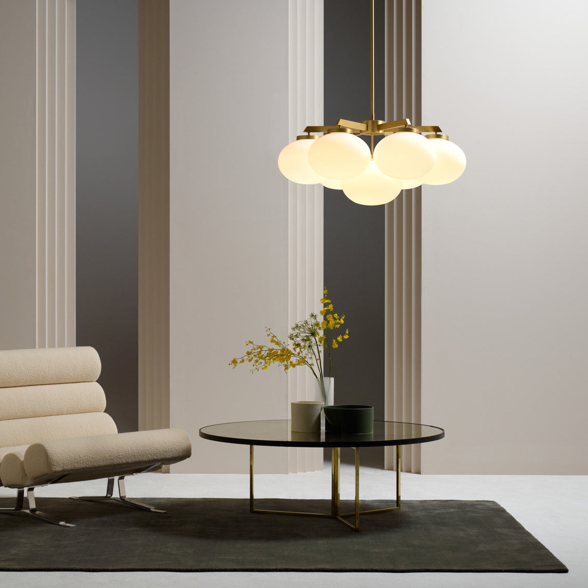 Cloudesley Chandelier – Machined Brass & Tiered White Glass Chandelier
