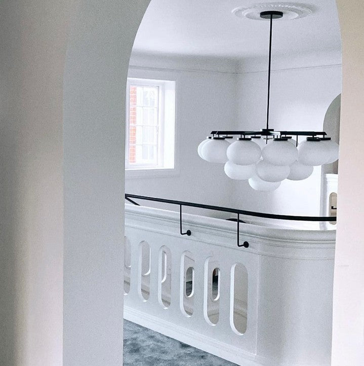 Cloudesley Chandelier – Machined Brass & Tiered White Glass Chandelier