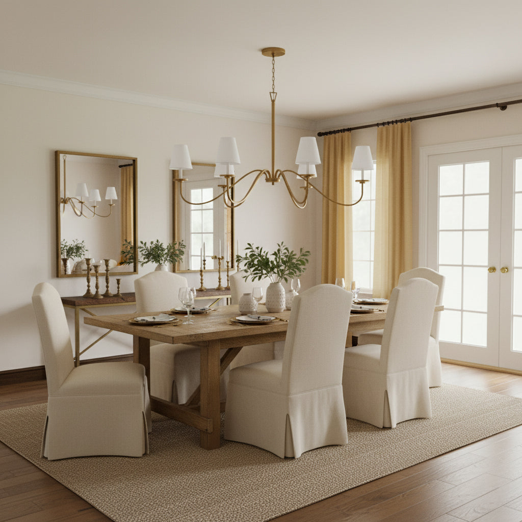 Cloverdale Chandelier – Timeless 6-Light Brass & Linen Empire Shade Chandelier