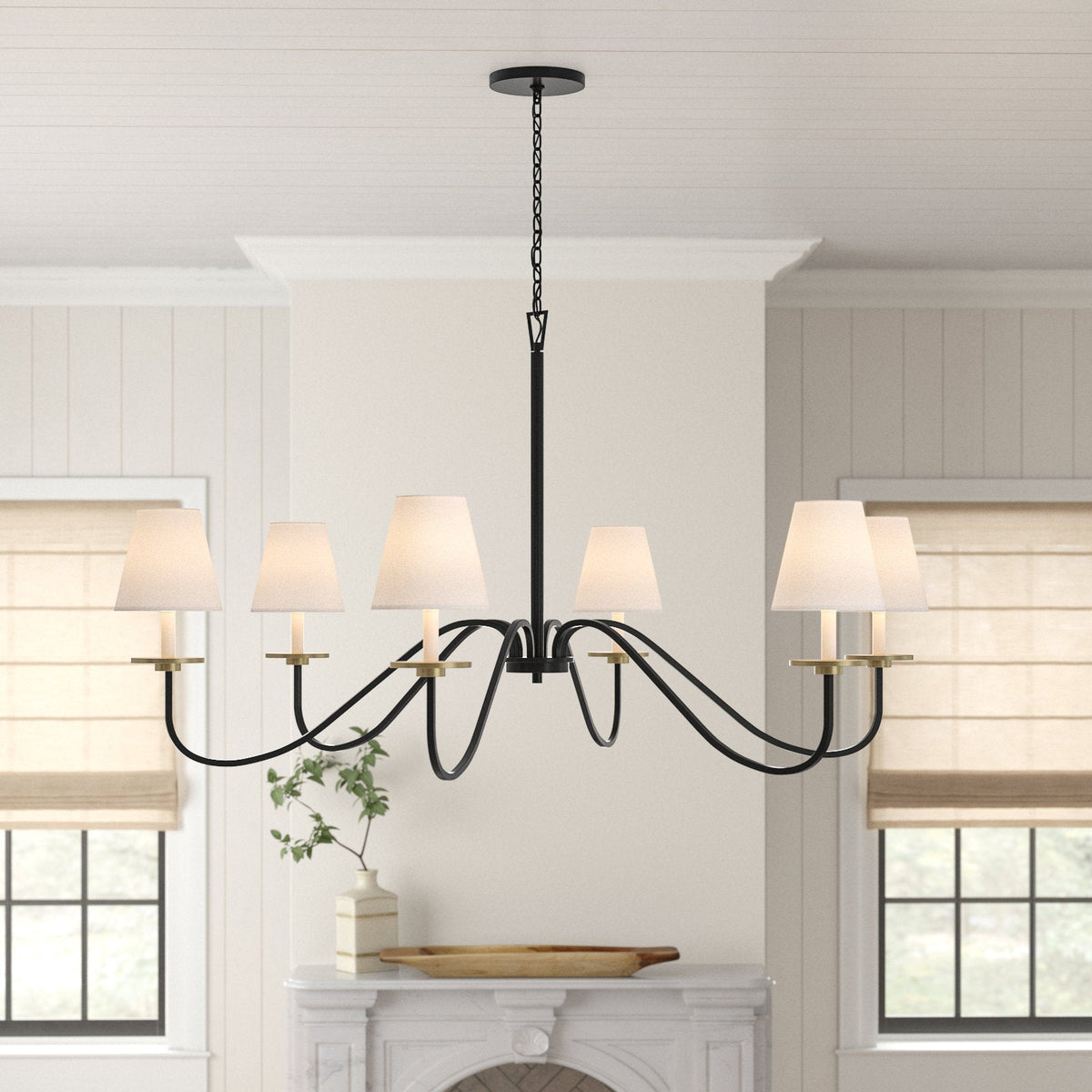 Cloverdale Chandelier – Timeless 6-Light Brass & Linen Empire Shade Chandelier