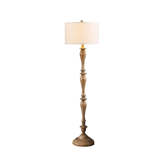 Coastal Wood Effect Floor Lamp – Rustic Turned Wood & Fabric Shade Floor Lamp