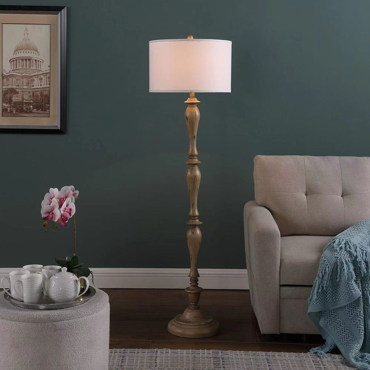 Coastal Wood Effect Floor Lamp – Rustic Turned Wood & Fabric Shade Floor Lamp