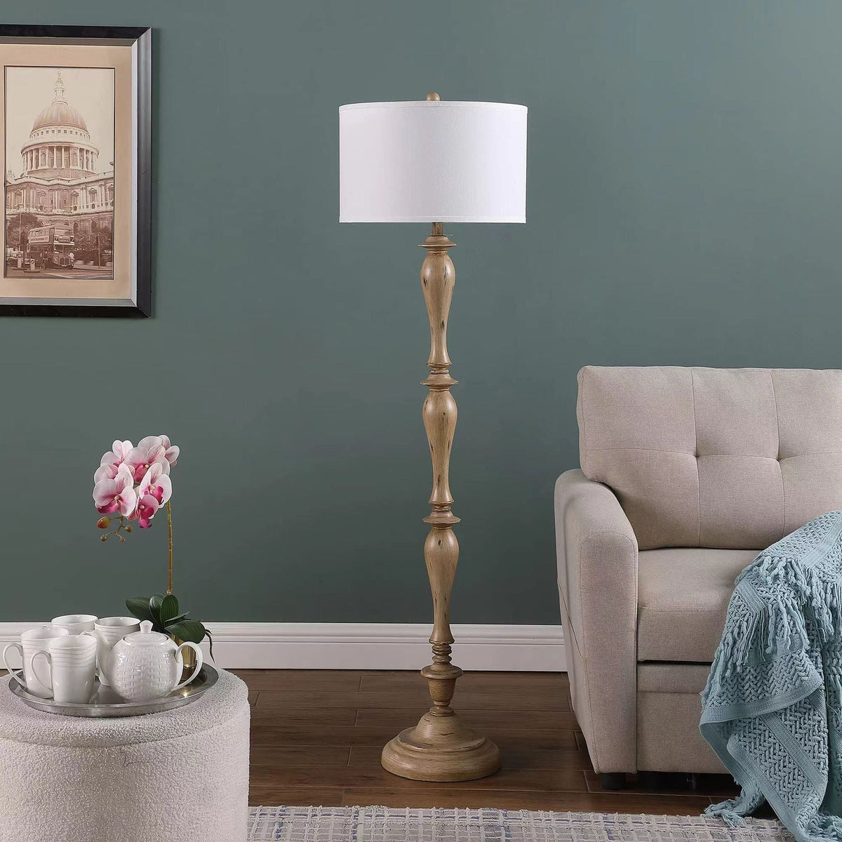 Coastal Wood Effect Floor Lamp – Rustic Turned Wood & Fabric Shade Floor Lamp