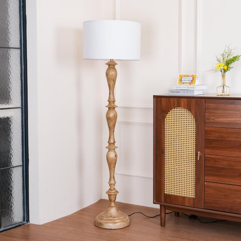 Coastal Wood Effect Floor Lamp – Rustic Turned Wood & Fabric Shade Floor Lamp