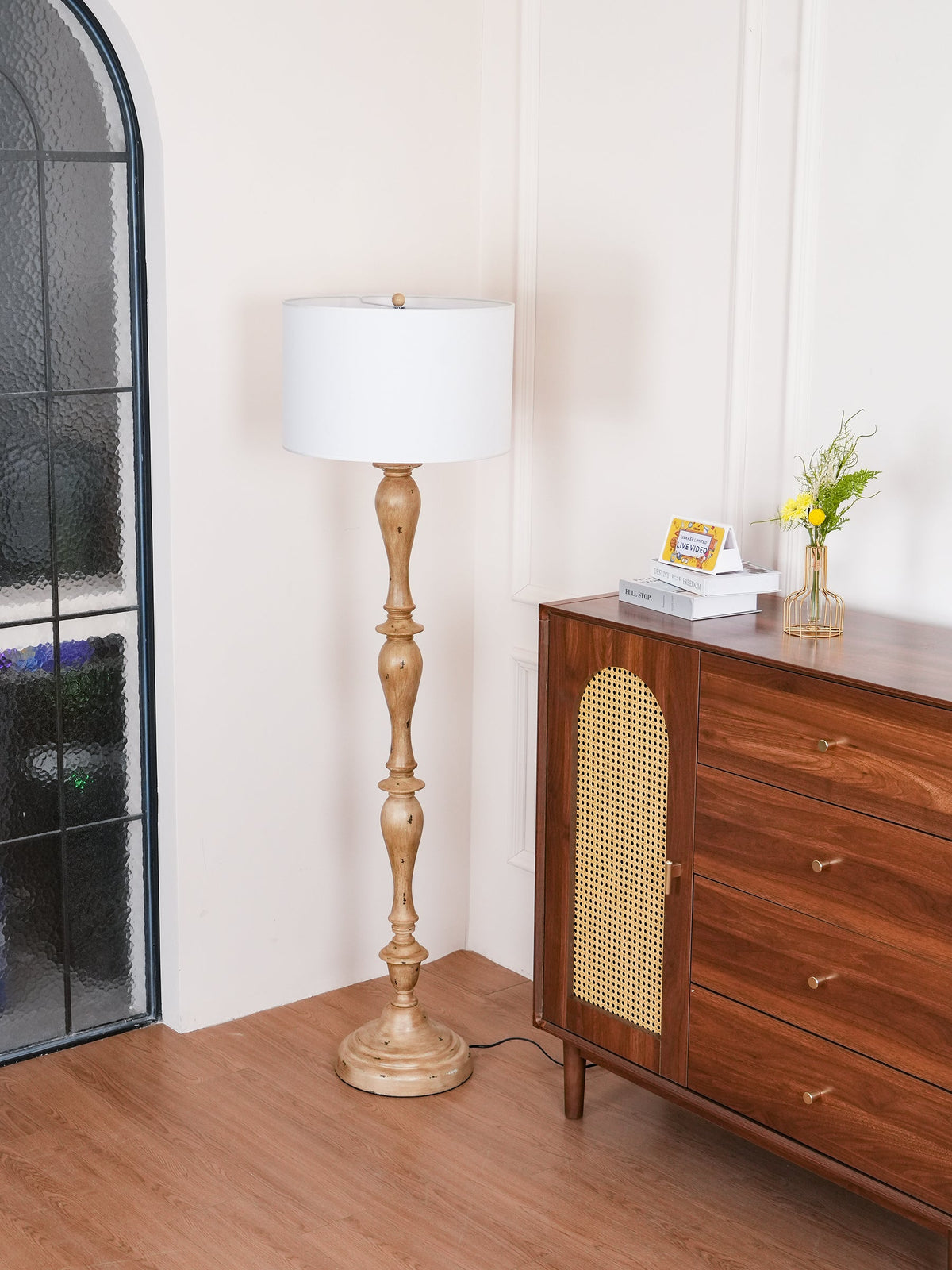 Coastal Wood Effect Floor Lamp – Rustic Turned Wood & Fabric Shade Floor Lamp