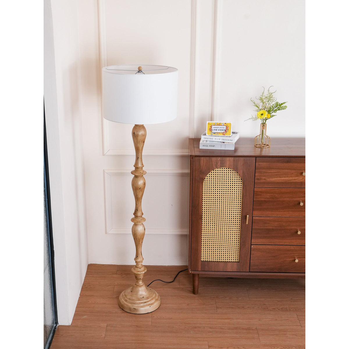 Coastal Wood Effect Floor Lamp – Rustic Turned Wood & Fabric Shade Floor Lamp