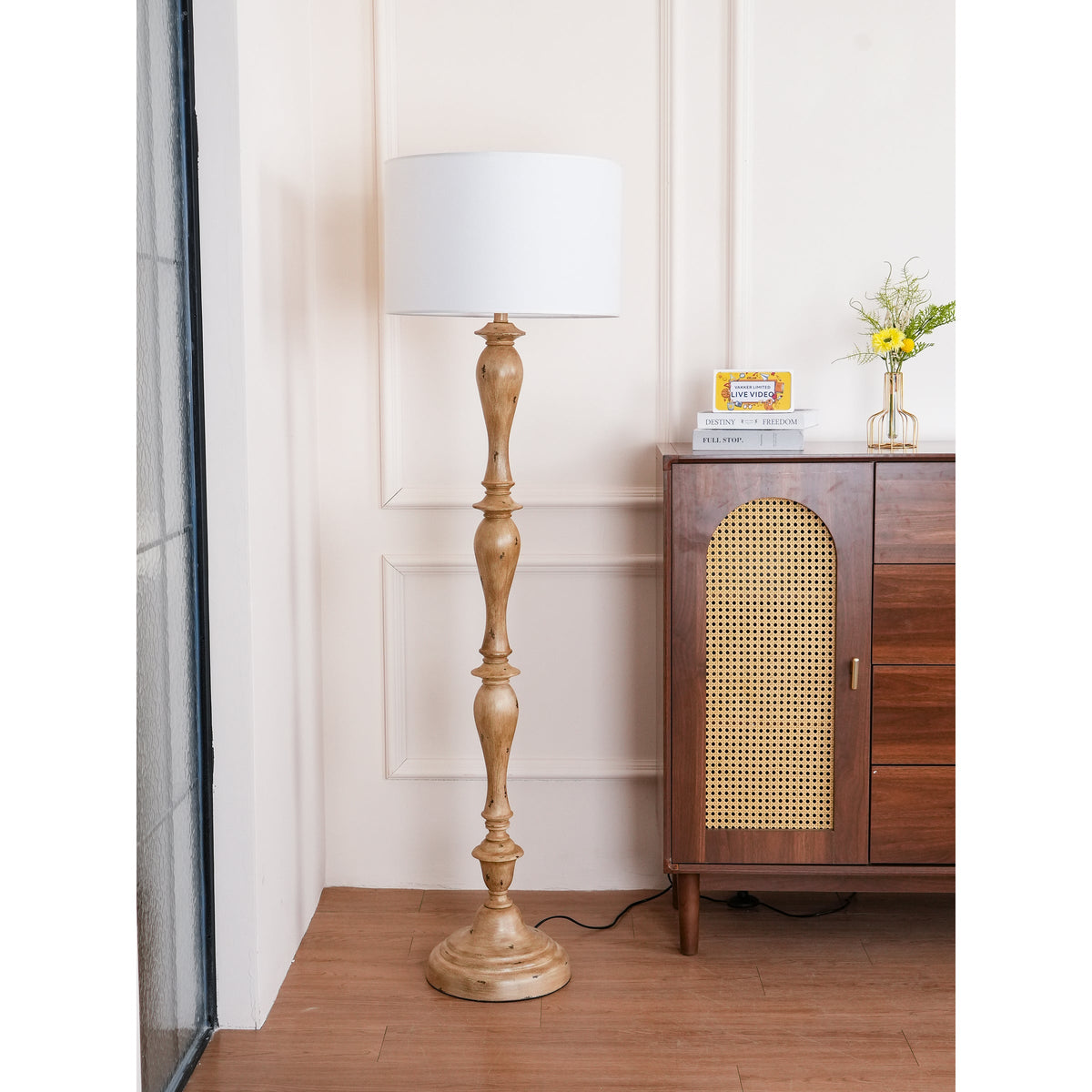 Coastal Wood Effect Floor Lamp – Rustic Turned Wood & Fabric Shade Floor Lamp