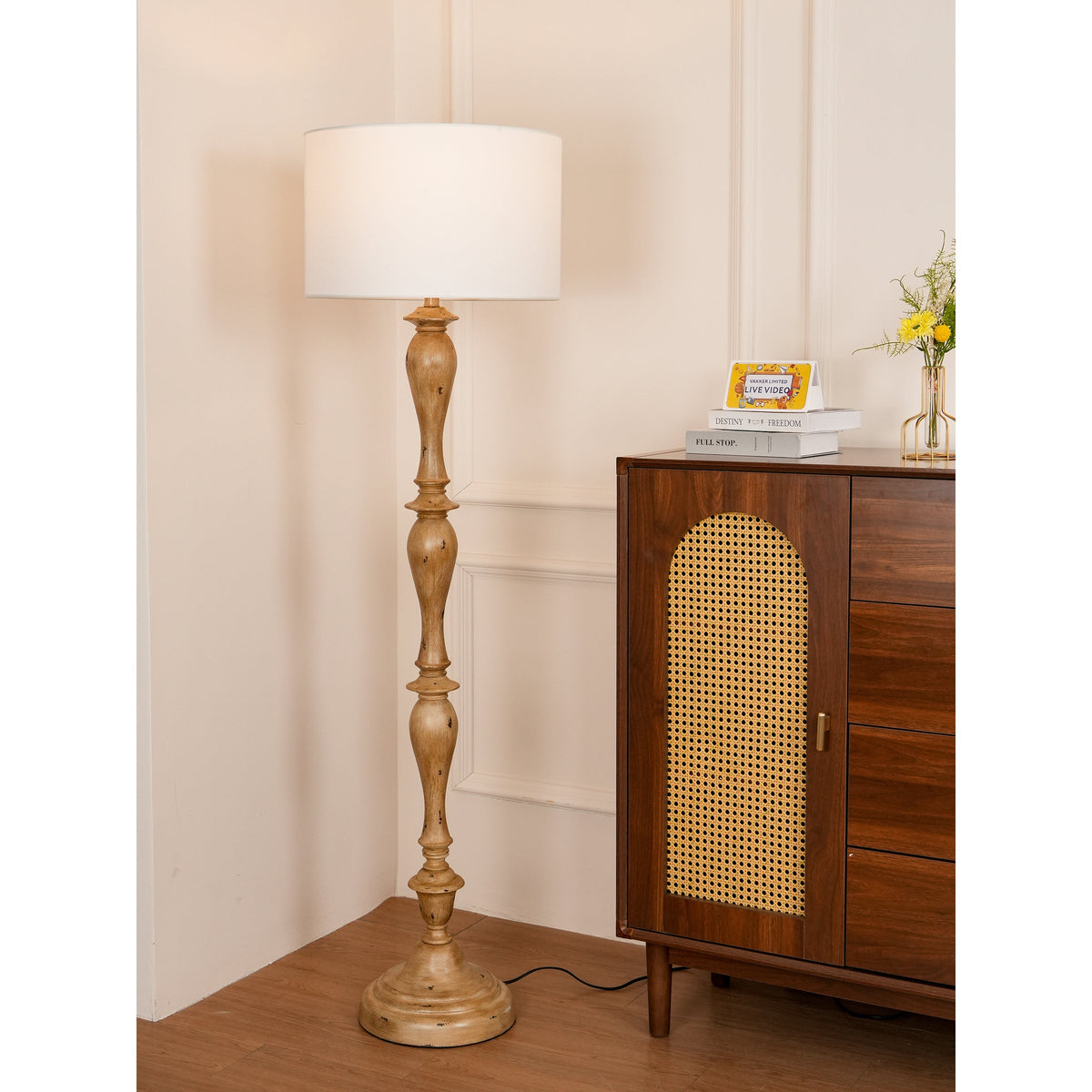 Coastal Wood Effect Floor Lamp – Rustic Turned Wood & Fabric Shade Floor Lamp