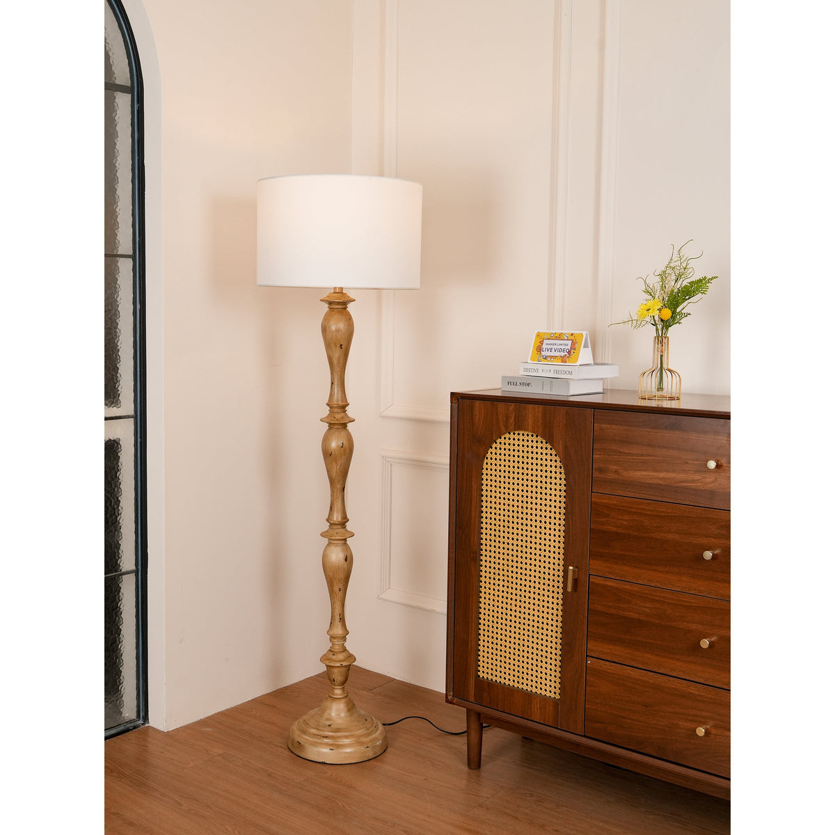 Coastal Wood Effect Floor Lamp – Rustic Turned Wood & Fabric Shade Floor Lamp