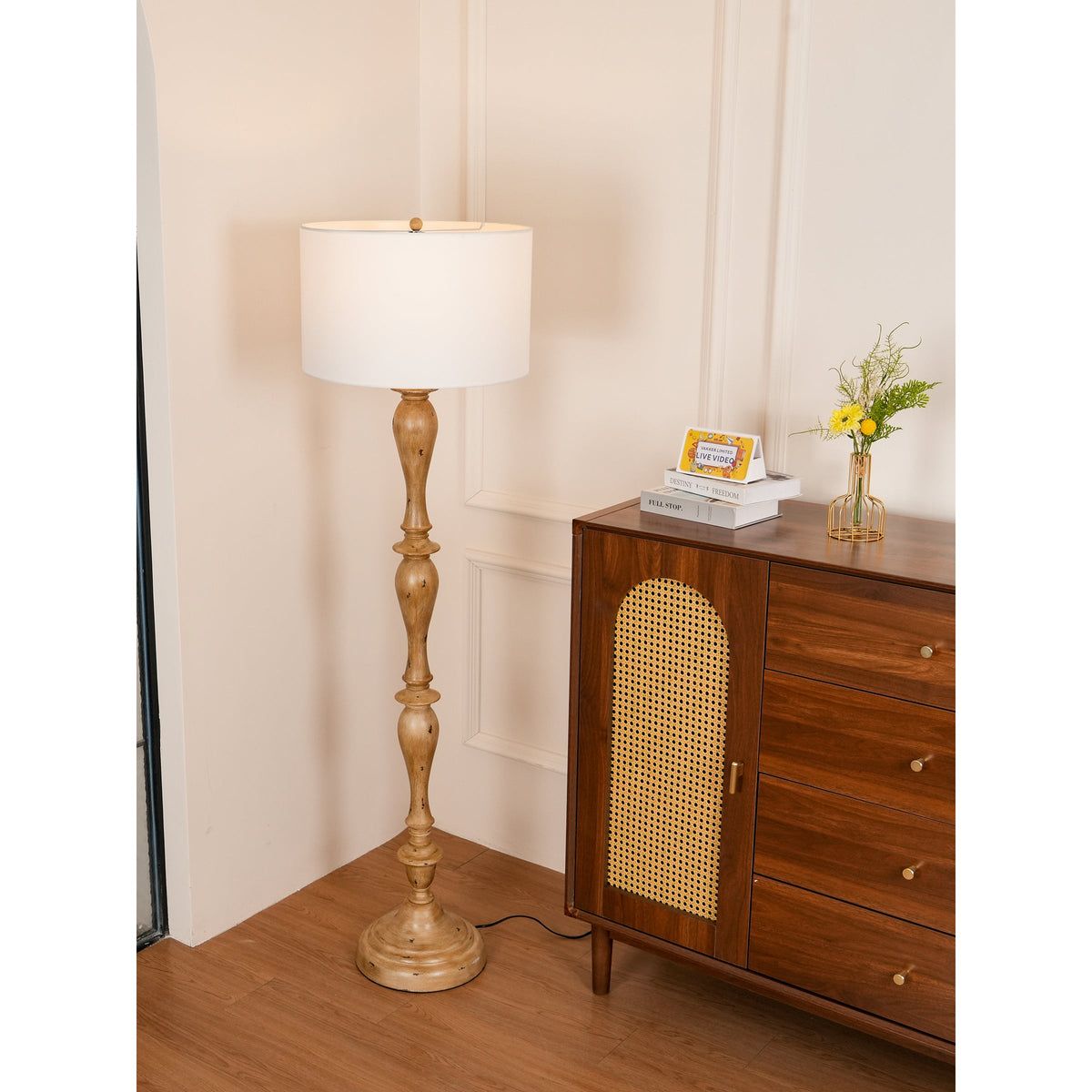 Coastal Wood Effect Floor Lamp – Rustic Turned Wood & Fabric Shade Floor Lamp