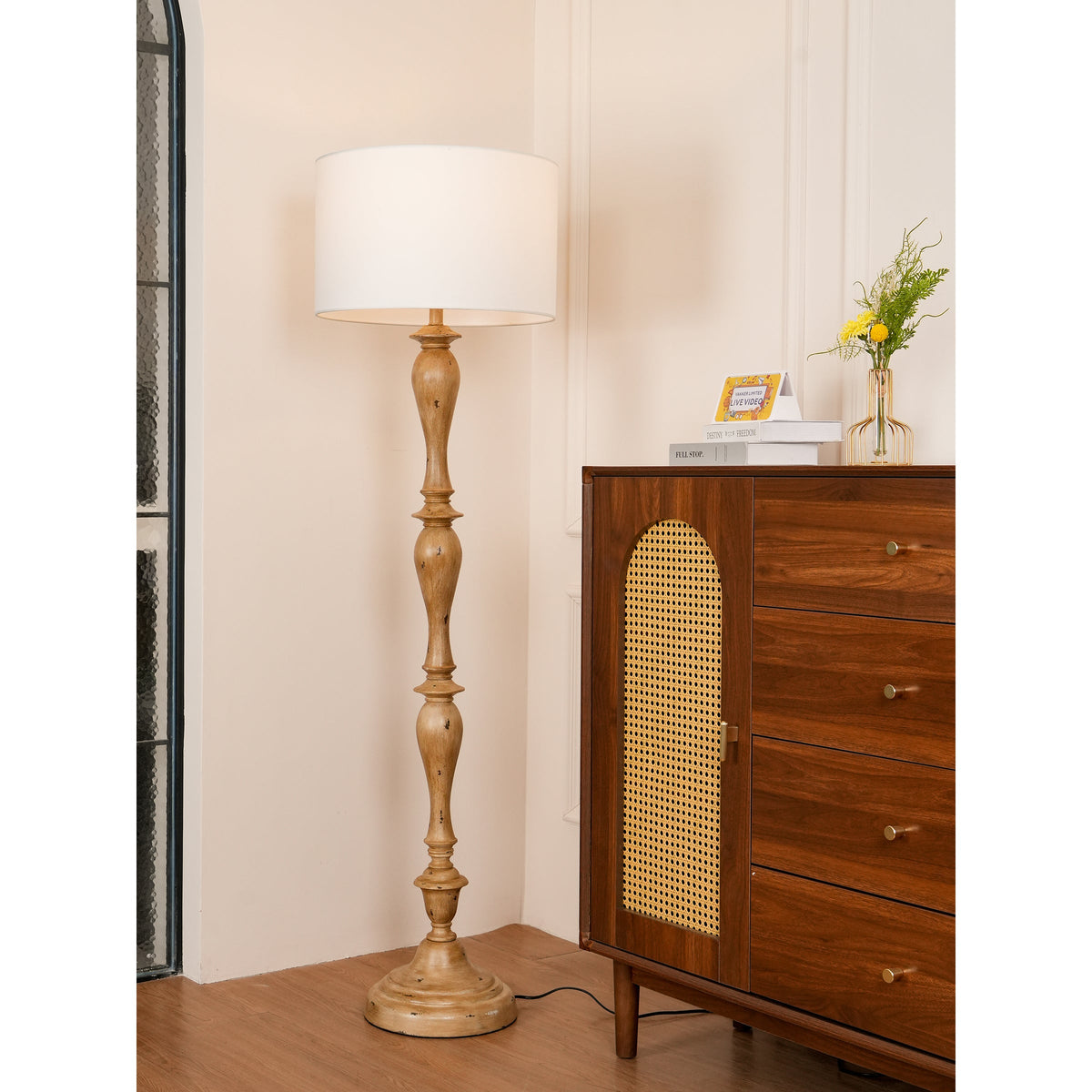 Coastal Wood Effect Floor Lamp – Rustic Turned Wood & Fabric Shade Floor Lamp