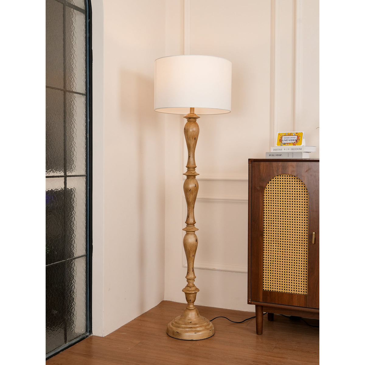 Coastal Wood Effect Floor Lamp – Rustic Turned Wood & Fabric Shade Floor Lamp