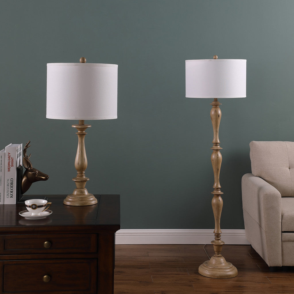Coastal Wood Effect Floor Lamp – Rustic Turned Wood & Fabric Shade Floor Lamp