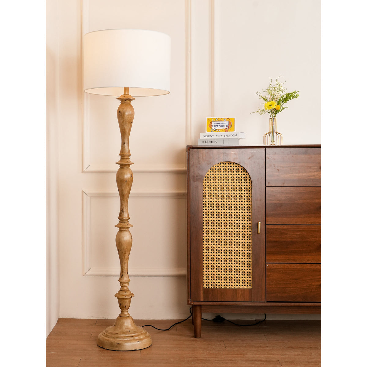 Coastal Wood Effect Floor Lamp – Rustic Turned Wood & Fabric Shade Floor Lamp