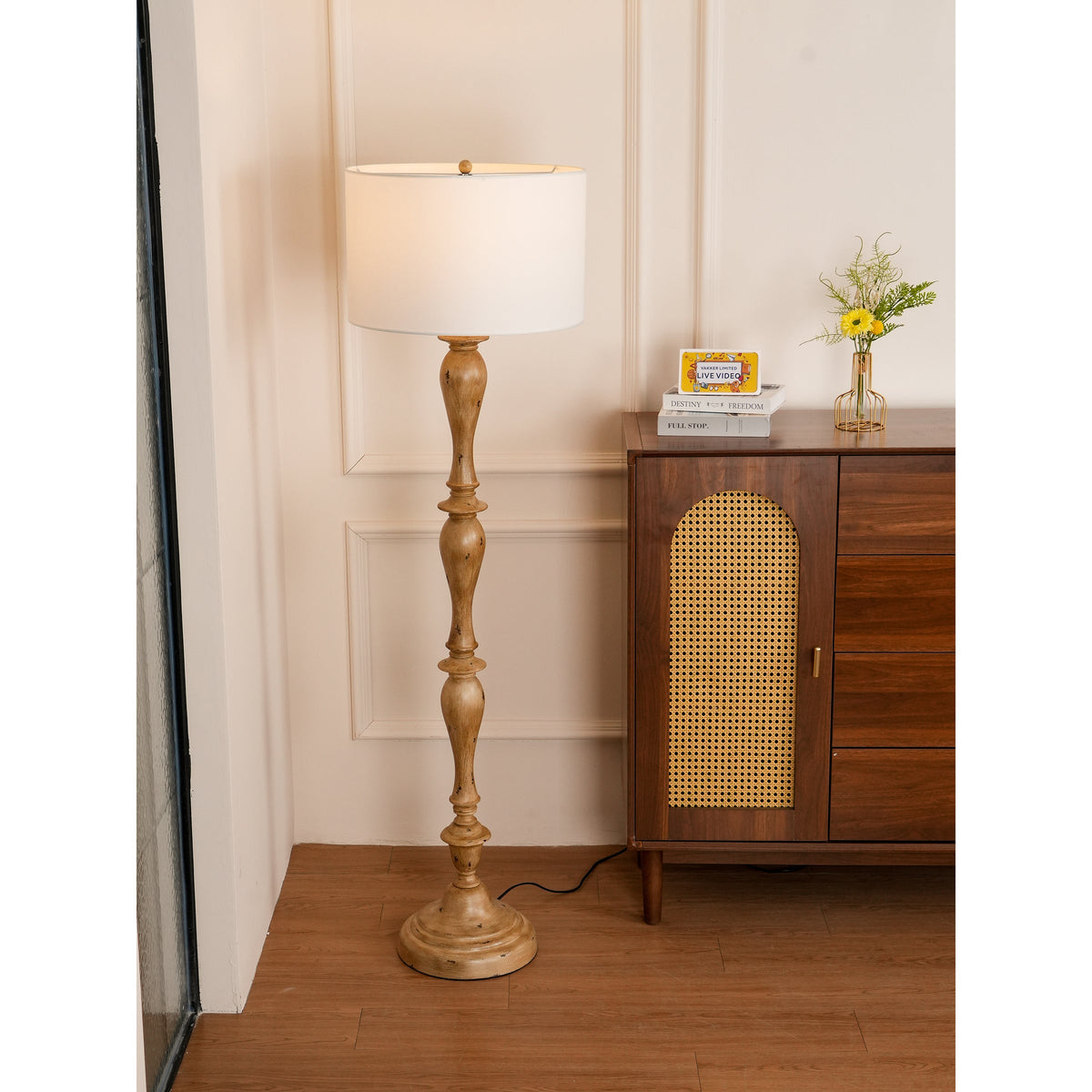 Coastal Wood Effect Floor Lamp – Rustic Turned Wood & Fabric Shade Floor Lamp
