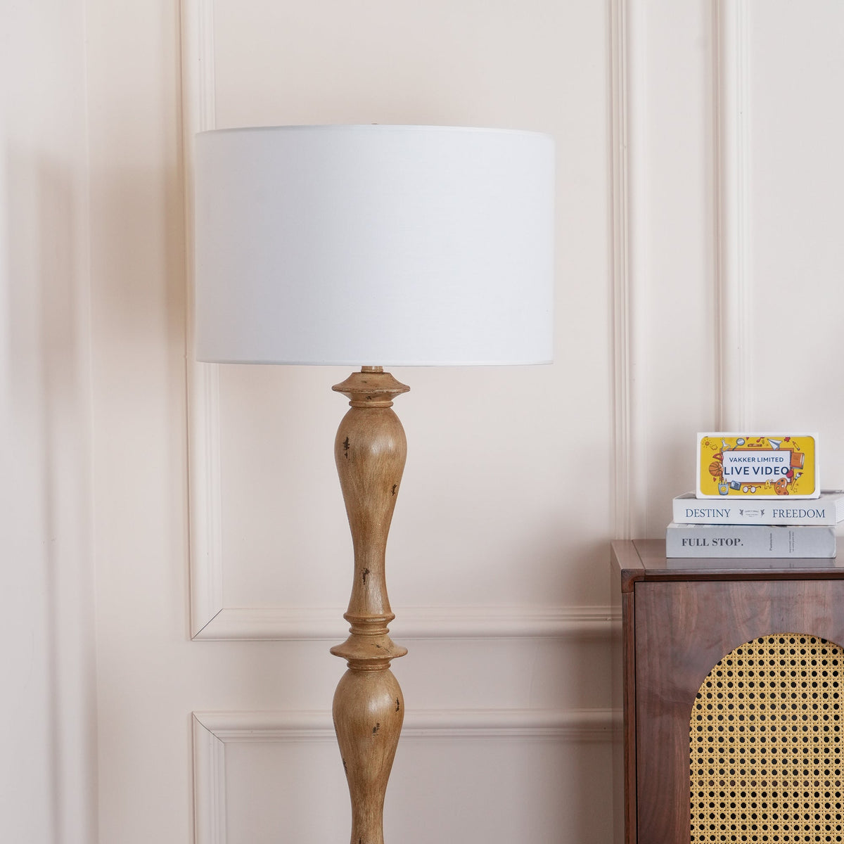 Coastal Wood Effect Floor Lamp – Rustic Turned Wood & Fabric Shade Floor Lamp