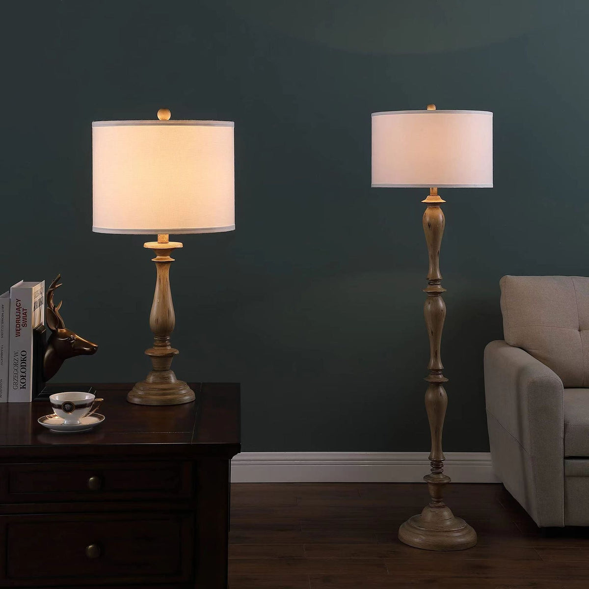 Coastal Wood Effect Floor Lamp – Rustic Turned Wood & Fabric Shade Floor Lamp