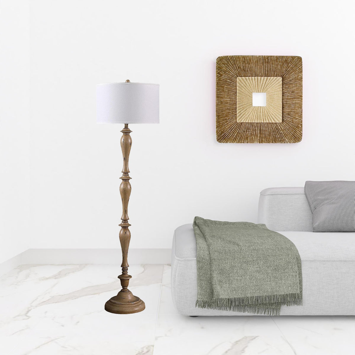 Coastal Wood Effect Floor Lamp – Rustic Turned Wood & Fabric Shade Floor Lamp