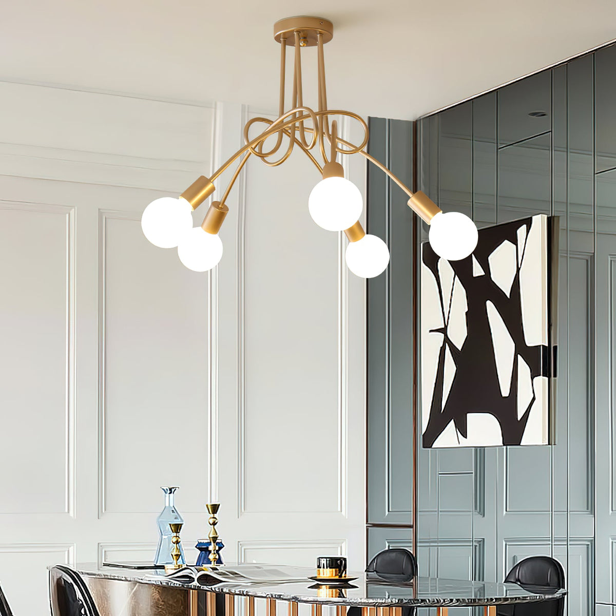 Colonial Sputnik Ceiling Lamp – Low-Profile Brass & Glass Starburst Semi-Flush Mount