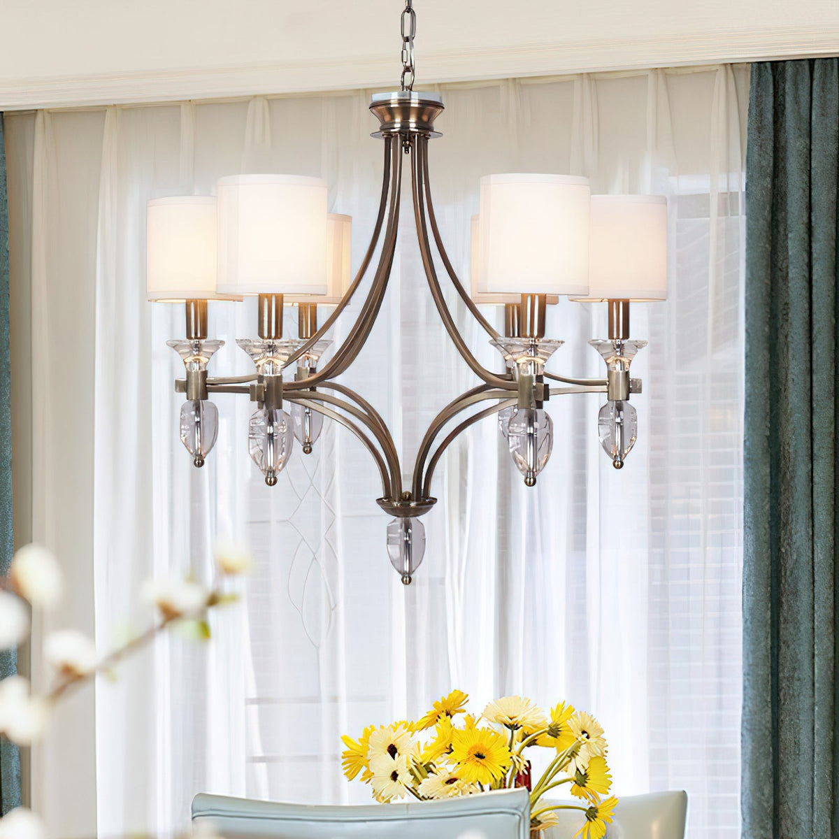 Colton Chandelier – Streamlined Bronze Iron & Fabric Shade Chandelier