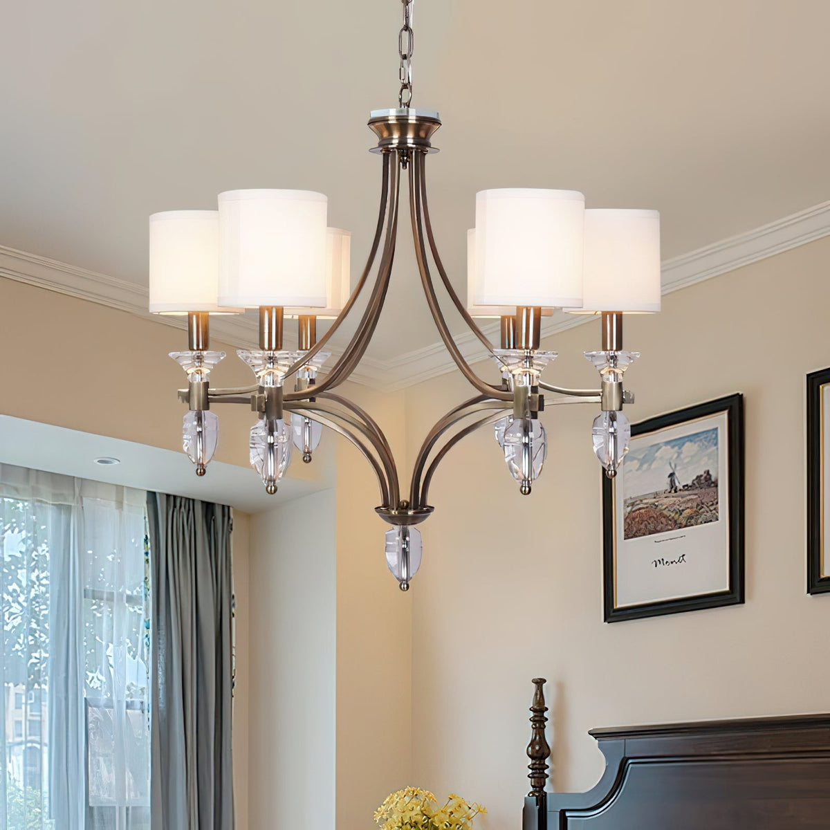 Colton Chandelier – Streamlined Bronze Iron & Fabric Shade Chandelier